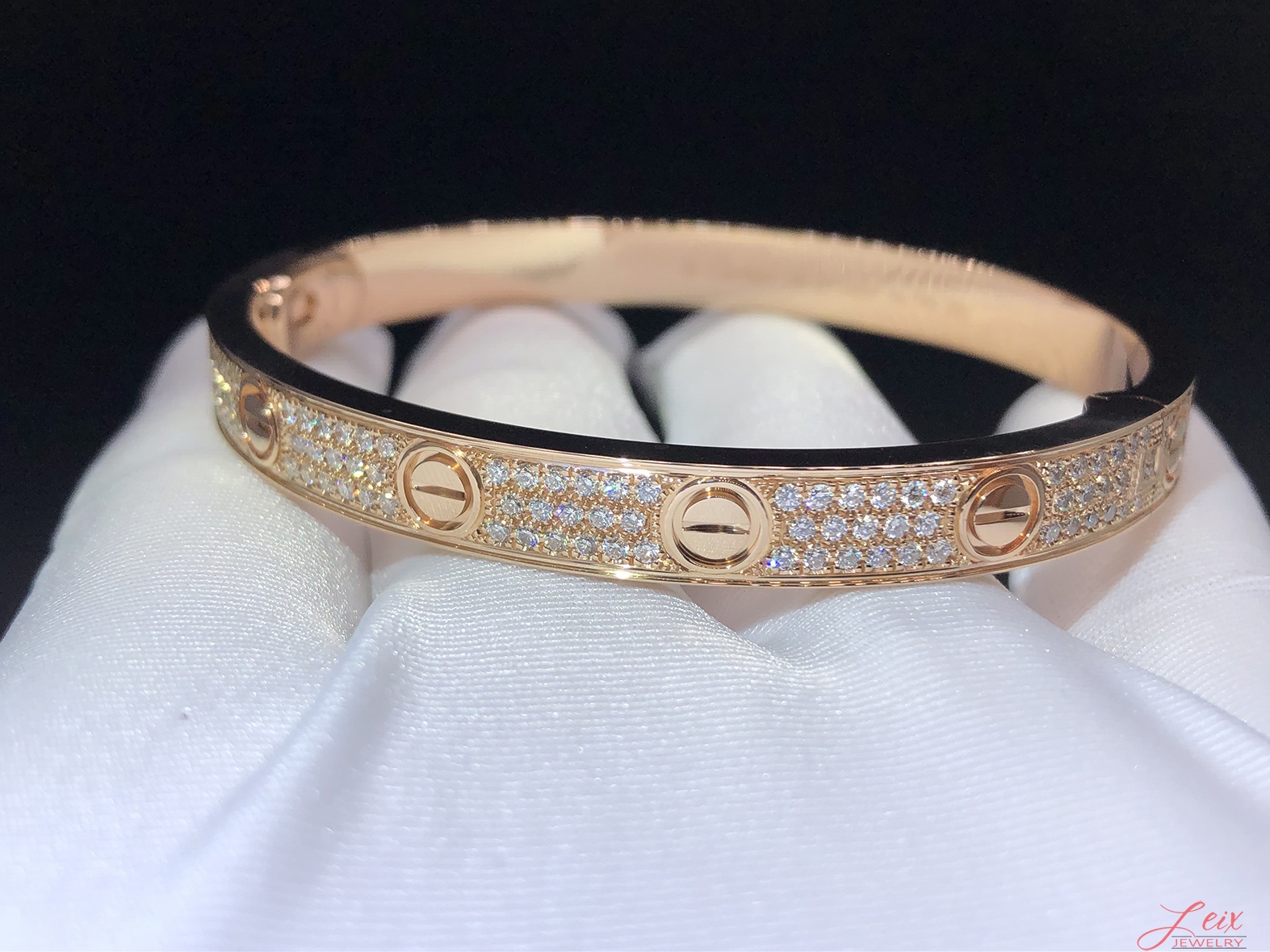 Custom Cartier 18K Rose Gold with 204 Full Pave Diamond Love Bracelet (2)