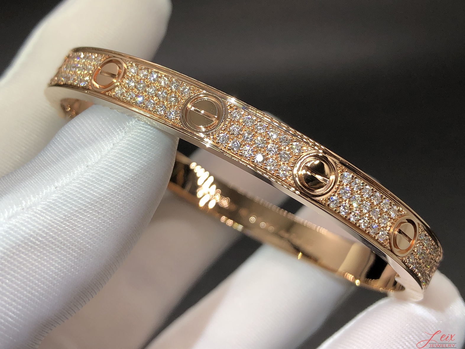 Custom Cartier 18K Rose Gold with 204 Full Pave Diamond Love Bracelet (3)
