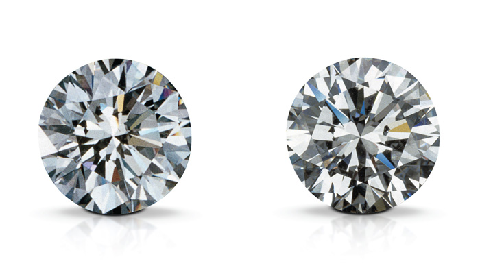 A laboratory-grown diamond (left) and a natural diamond (right) can appear identical to the naked eye.