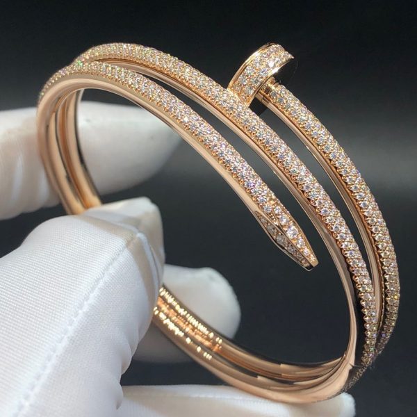 Cartier 18K Rose Gold Juste Un Clou 2-Row 3.61ct Full Paved Diamond Nail Bracelet