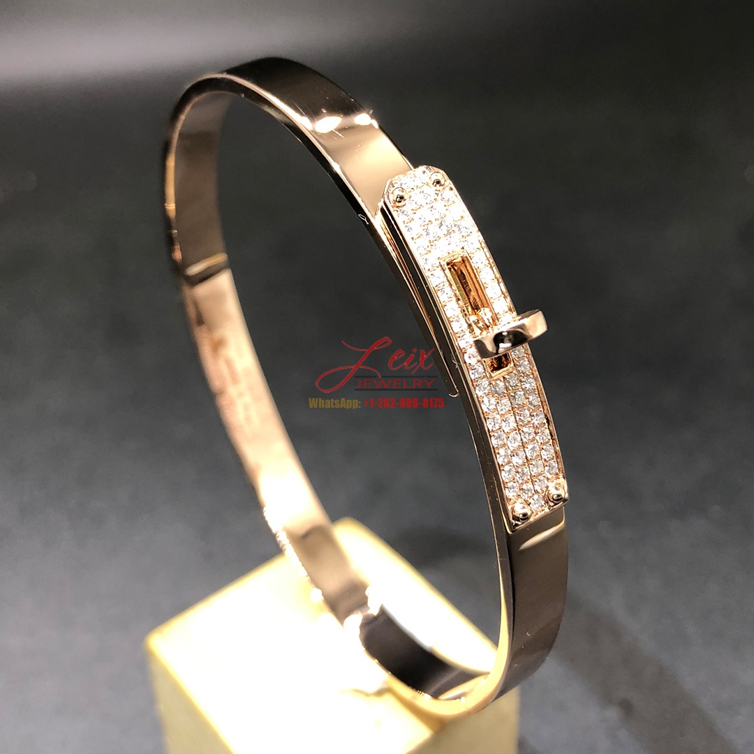 Custom Hermes Kelly Diamond 18k Rose Gold Small Model Bangle Bracelet (2) Custom Hermes Kelly Diamond 18k Rose Gold Small Model Bangle Bracelet