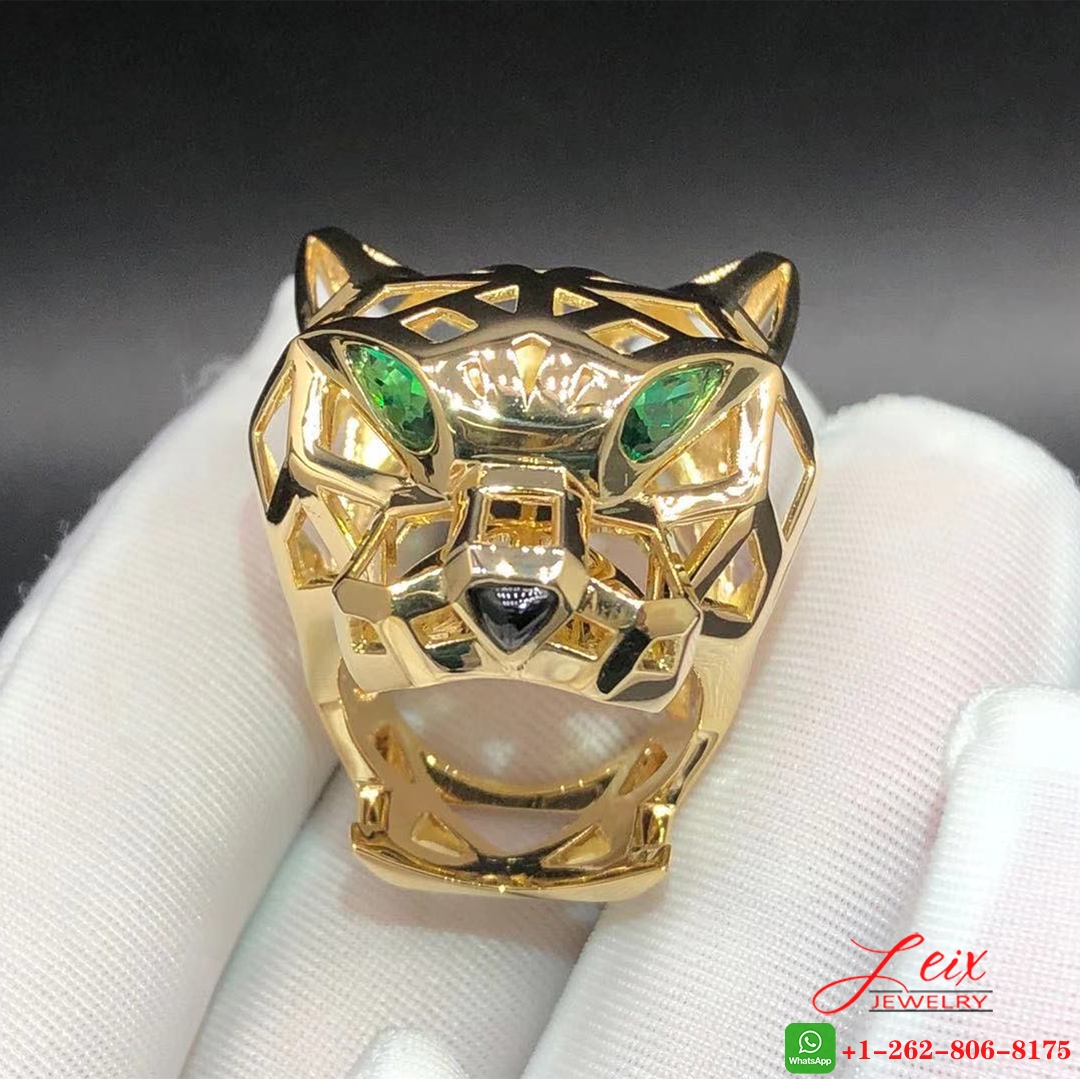 Custom Panthère de Cartier 18K Yellow Gold Tsavorite Garnet and Onyx Ring (1) Custom Panthère de Cartier 18K Yellow Gold Tsavorite Garnet and Onyx Ring
