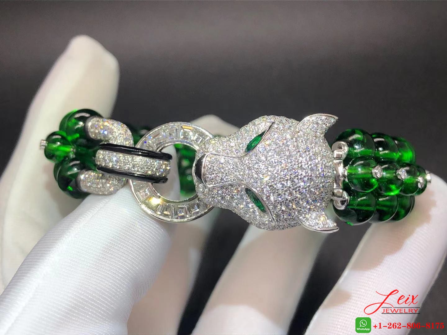 Custom Panthere de Cartier High Jewelry Bracelet in Platinum, Emeralds Beads and Onyx (3) Custom Panthere de Cartier High Jewelry Bracelet in Platinum, Emeralds Beads and Onyx