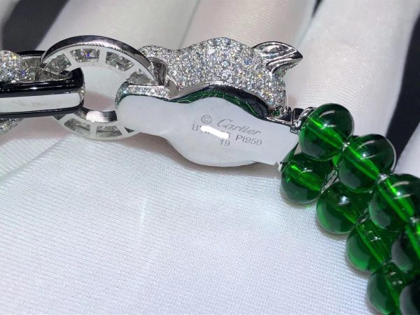 Custom Panthere de Cartier High Jewelry Bracelet in Platinum, Emeralds Beads and Onyx