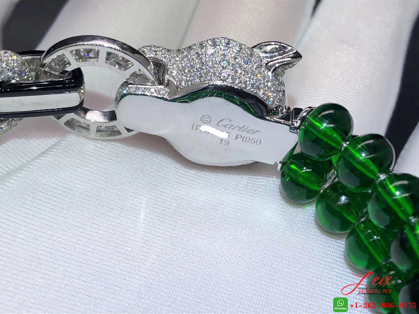 Custom Panthere de Cartier High Jewelry Bracelet in Platinum, Emeralds Beads and Onyx (4) Custom Panthere de Cartier High Jewelry Bracelet in Platinum, Emeralds Beads and Onyx