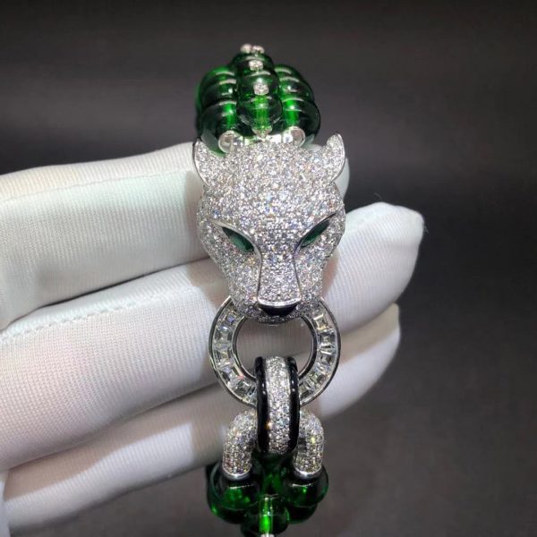 Custom Panthere de Cartier High Jewelry Bracelet in Platinum, Emeralds Beads and Onyx