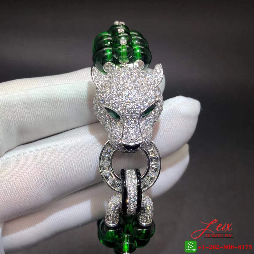 Custom Panthere de Cartier High Jewelry Bracelet in Platinum, Emeralds Beads and Onyx (5) Custom Panthere de Cartier High Jewelry Bracelet in Platinum, Emeralds Beads and Onyx