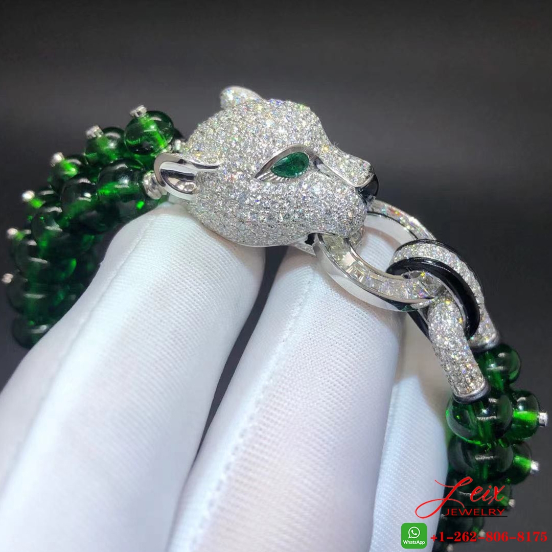 Custom Panthere de Cartier High Jewelry Bracelet in Platinum, Emeralds Beads and Onyx