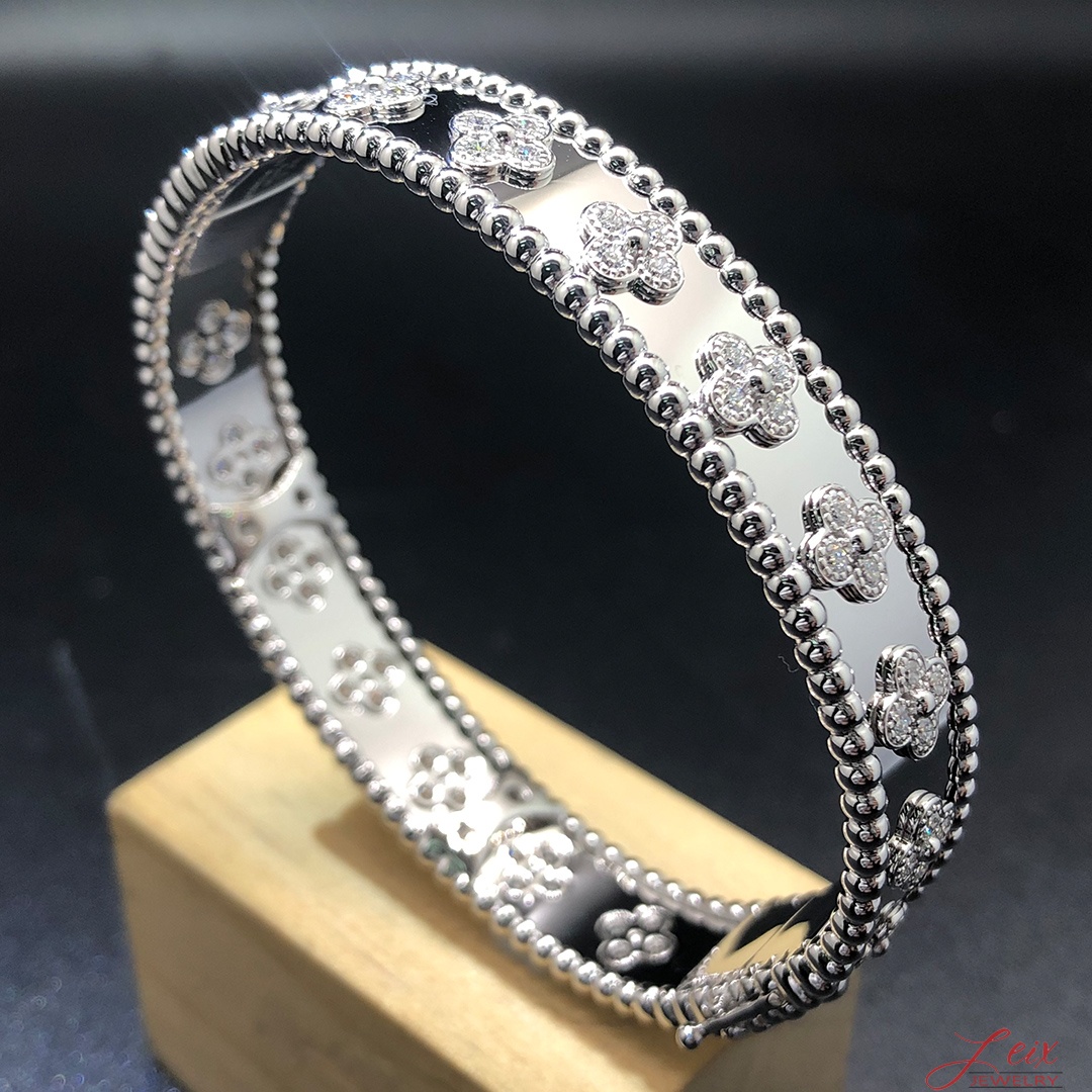 Custom VCA Perlée Clovers Diamond 18K White Gold Bracelet