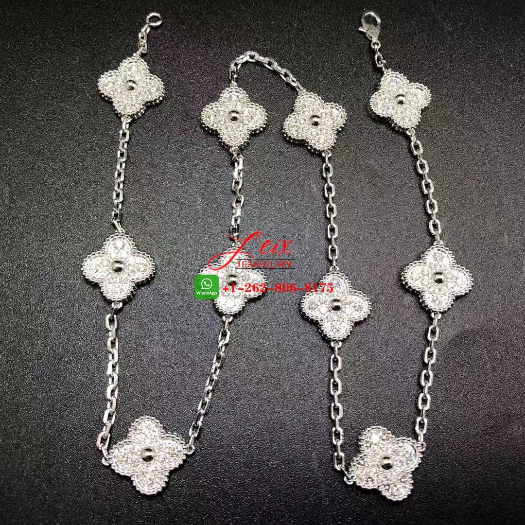 Custom VCA Vintage Alhambra 4.83ct Diamond 18k White Gold 10 Motif Necklace