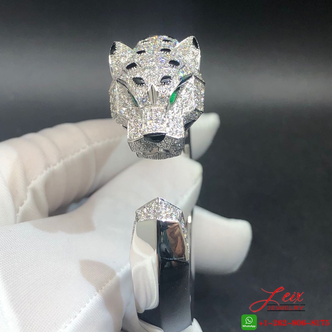 Panthere De Cartier 18k White Gold 4.33ct Diamond Emerald and Onyx Bracelet