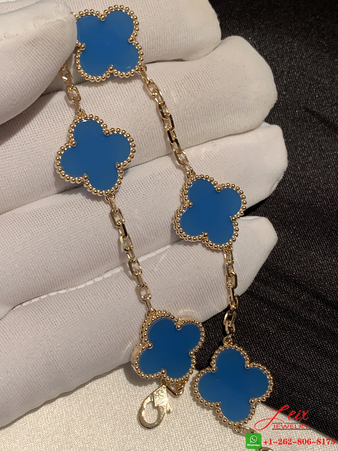 VCA 18K Yellow Gold Blue Agate 5 Motifs Vintage Alhambra Bracelet (1) VCA 18K Yellow Gold Blue Agate 5 Motifs Vintage Alhambra Bracelet