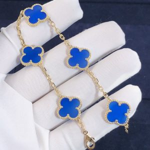 VCA 18K Yellow Gold Blue Agate 5 Motifs Vintage Alhambra Bracelet
