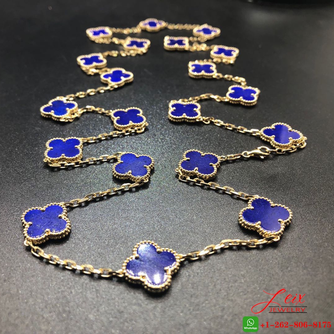 VCA 18K Yellow Gold Lapis Lazuli 20 Motifs Vintage Alhambra Long Necklace (1) VCA 18K Yellow Gold Lapis Lazuli 20 Motifs Vintage Alhambra Long Necklace