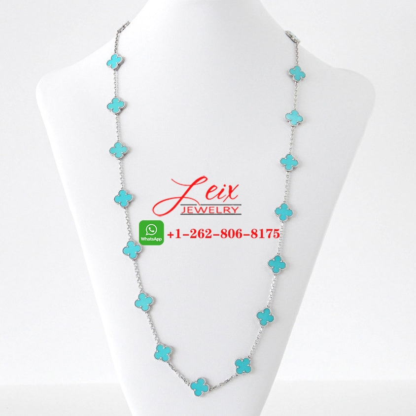 VCA 18k White Gold Turquoise 20 Motifs Vintage Alhambra Long Necklace VCA 18k White Gold Turquoise 20 Motifs Vintage Alhambra Long Necklace