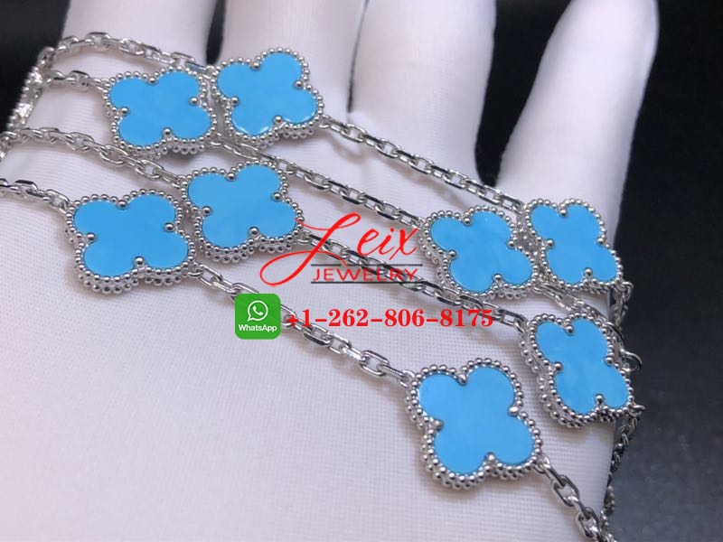 VCA 18k White Gold Turquoise 20 Motifs Vintage Alhambra Long Necklace (1) VCA 18k White Gold Turquoise 20 Motifs Vintage Alhambra Long Necklace