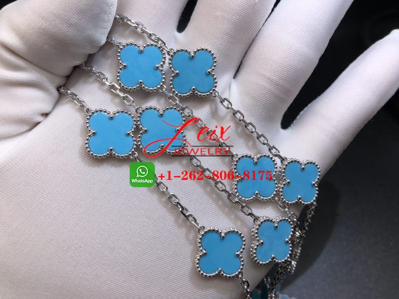 VCA 18k White Gold Turquoise 20 Motifs Vintage Alhambra Long Necklace (2) VCA 18k White Gold Turquoise 20 Motifs Vintage Alhambra Long Necklace