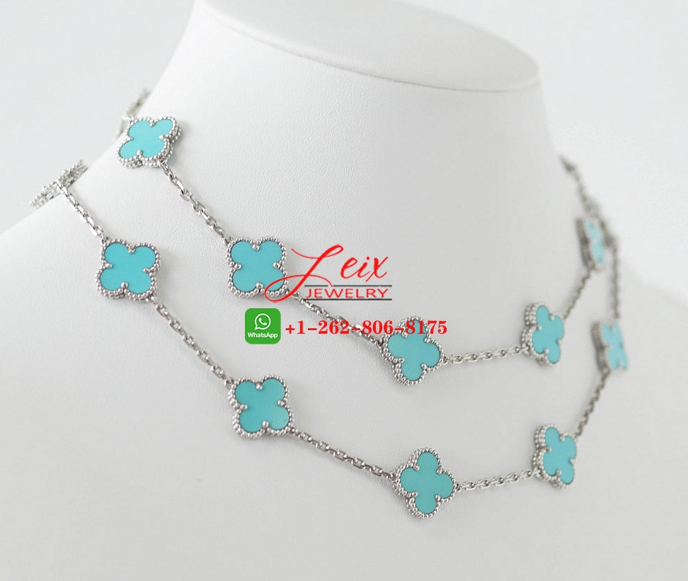 VCA 18k White Gold Turquoise 20 Motifs Vintage Alhambra Long Necklace (3) VCA 18k White Gold Turquoise 20 Motifs Vintage Alhambra Long Necklace