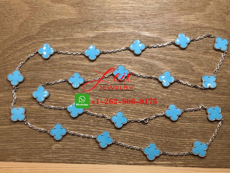 VCA 18k White Gold Turquoise 20 Motifs Vintage Alhambra Long Necklace (4) VCA 18k White Gold Turquoise 20 Motifs Vintage Alhambra Long Necklace