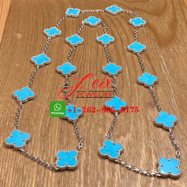 VCA 18k White Gold Turquoise 20 Motifs Vintage Alhambra Long Necklace (5) VCA 18k White Gold Turquoise 20 Motifs Vintage Alhambra Long Necklace