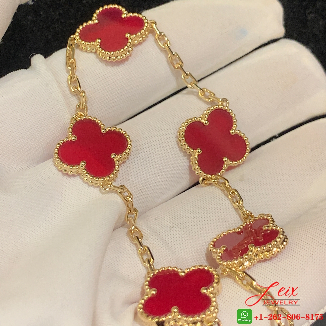 VCA 18k Yellow Gold Carnelian Vintage Alhambra 5 Motif Bracelet (1) VCA 18k Yellow Gold Carnelian Vintage Alhambra 5 Motif Bracelet