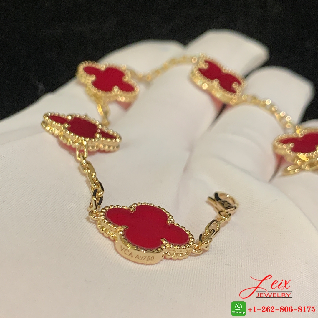 VCA 18k Yellow Gold Carnelian Vintage Alhambra 5 Motif Bracelet (2) VCA 18k Yellow Gold Carnelian Vintage Alhambra 5 Motif Bracelet