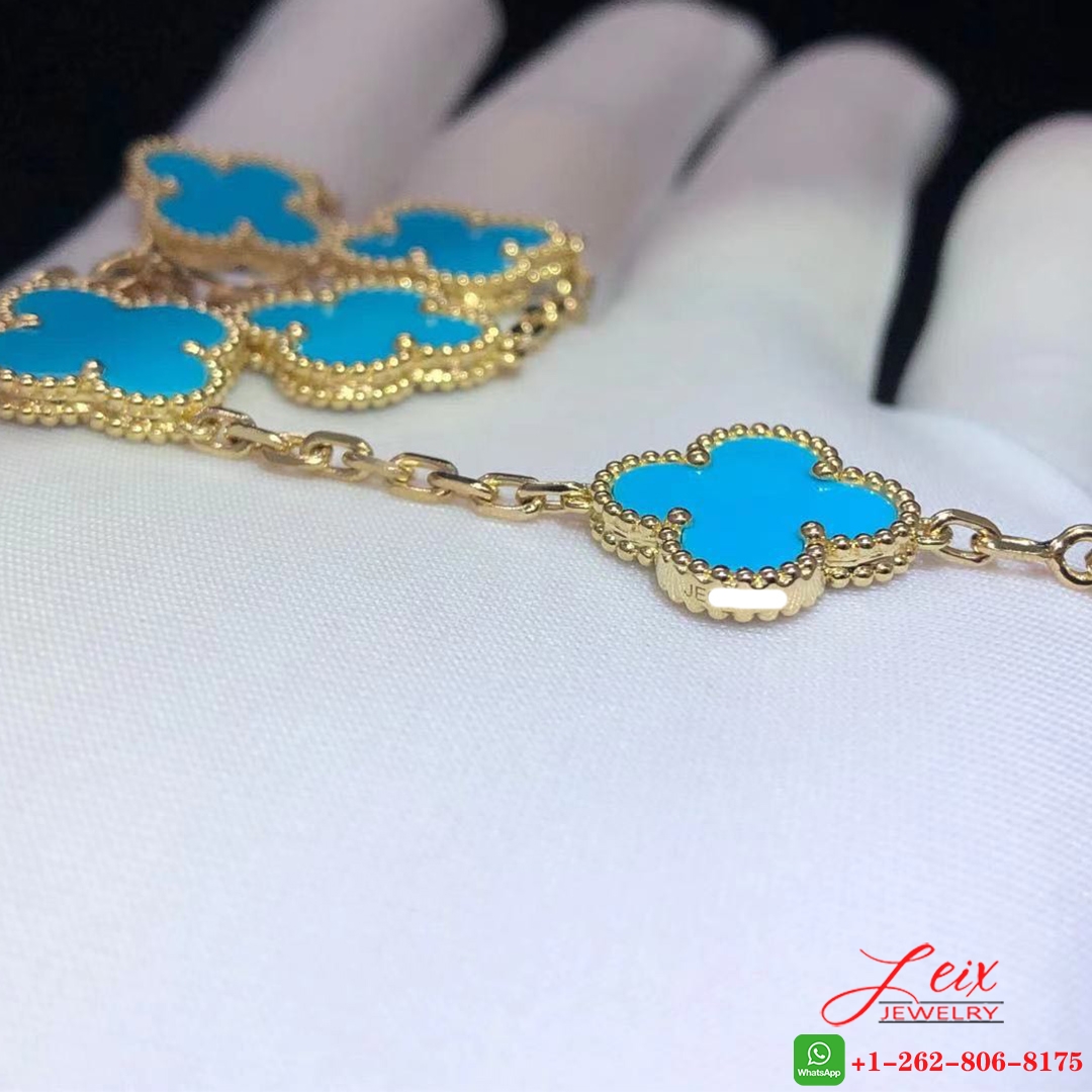 VCA 18k Yellow Gold Turquoise 5 Motifs Vintage Alhambra Bracelet (2) VCA 18k Yellow Gold Turquoise 5 Motifs Vintage Alhambra Bracelet