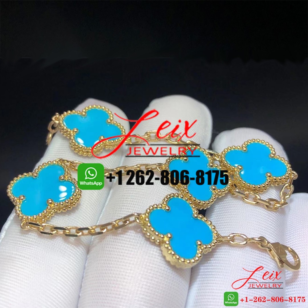 VCA 18k Yellow Gold Turquoise 5 Motifs Vintage Alhambra Bracelet VCA 18k Yellow Gold Turquoise 5 Motifs Vintage Alhambra Bracelet