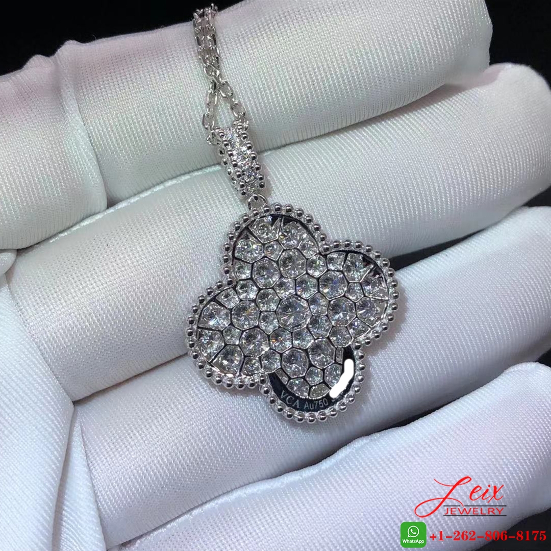 VCA Magic Alhambra 1 Motif Full Diamond Paved 18k White Gold Long Necklace (3) VCA Magic Alhambra 1 Motif Full Diamond Paved 18k White Gold Long Necklace