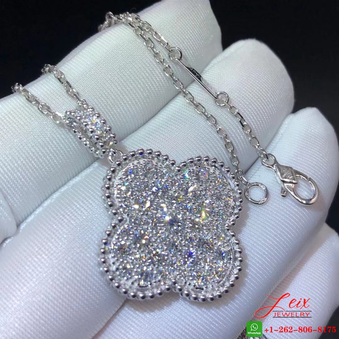 VCA Magic Alhambra 1 Motif Full Diamond Paved 18k White Gold Long Necklace (4) VCA Magic Alhambra 1 Motif Full Diamond Paved 18k White Gold Long Necklace