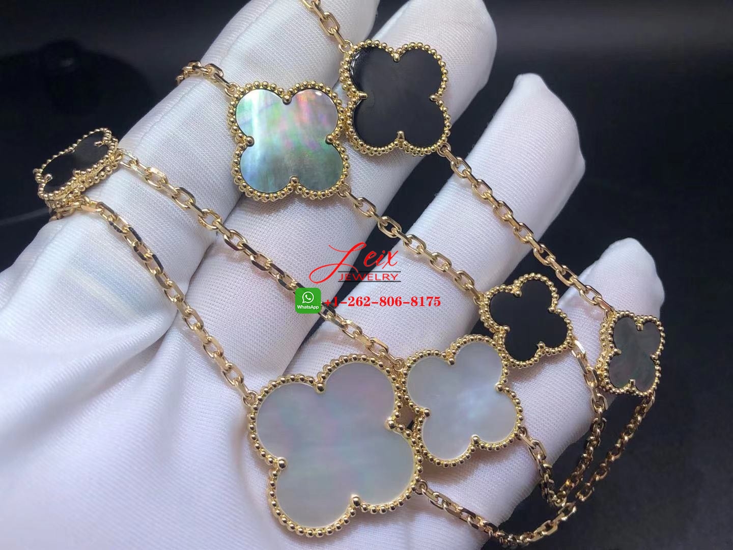 VCA Magic Alhambra 16 Motif Mother-of-pearl & Onyx 18K Yellow Gold Long Necklace (1) VCA Magic Alhambra 16 Motif Mother-of-pearl & Onyx 18K Yellow Gold Long Necklace