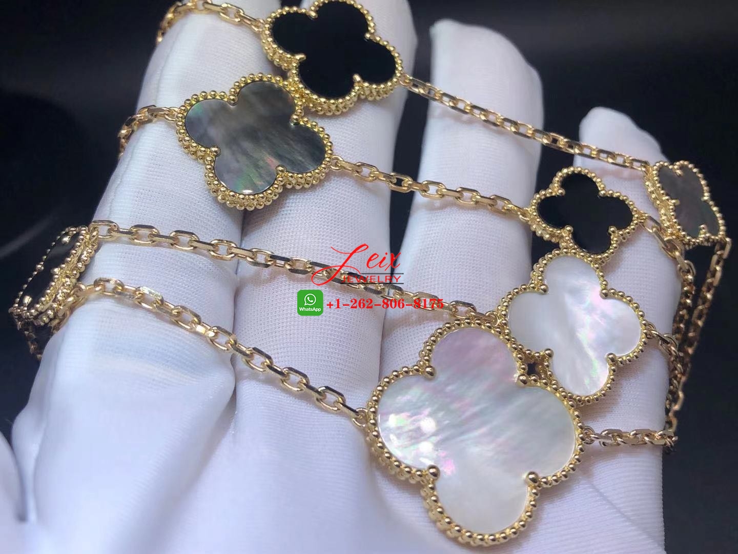 VCA Magic Alhambra 16 Motif Mother-of-pearl & Onyx 18K Yellow Gold Long Necklace (2) VCA Magic Alhambra 16 Motif Mother-of-pearl & Onyx 18K Yellow Gold Long Necklace