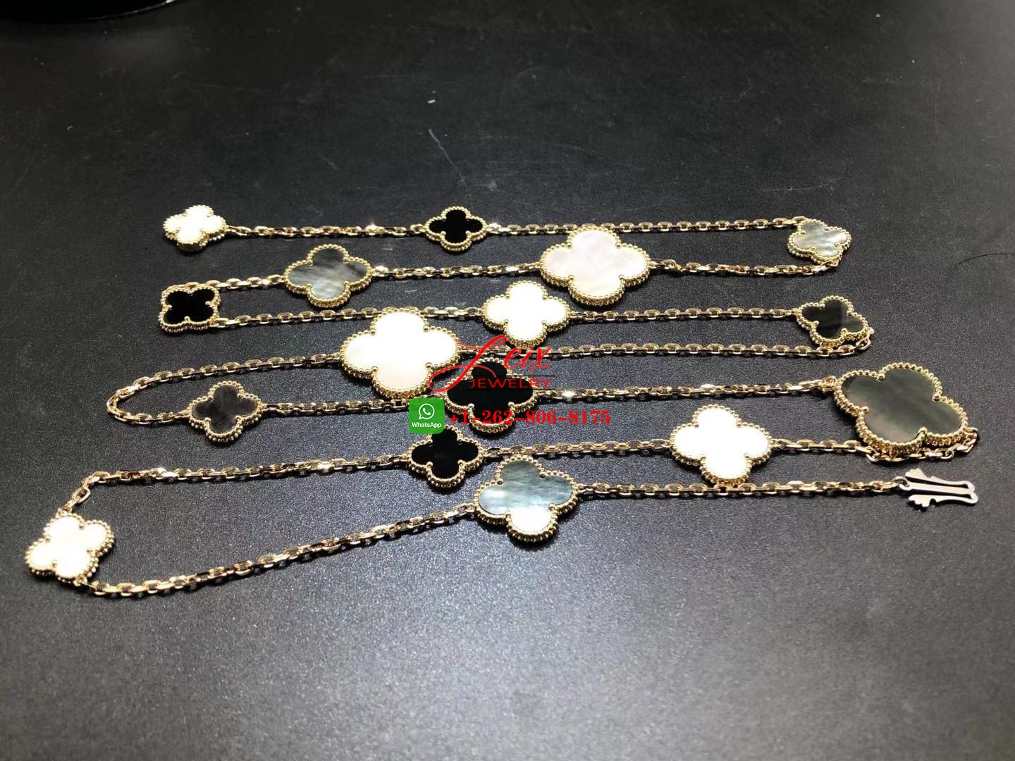 VCA Magic Alhambra 16 Motif Mother-of-pearl & Onyx 18K Yellow Gold Long Necklace (4) VCA Magic Alhambra 16 Motif Mother-of-pearl & Onyx 18K Yellow Gold Long Necklace