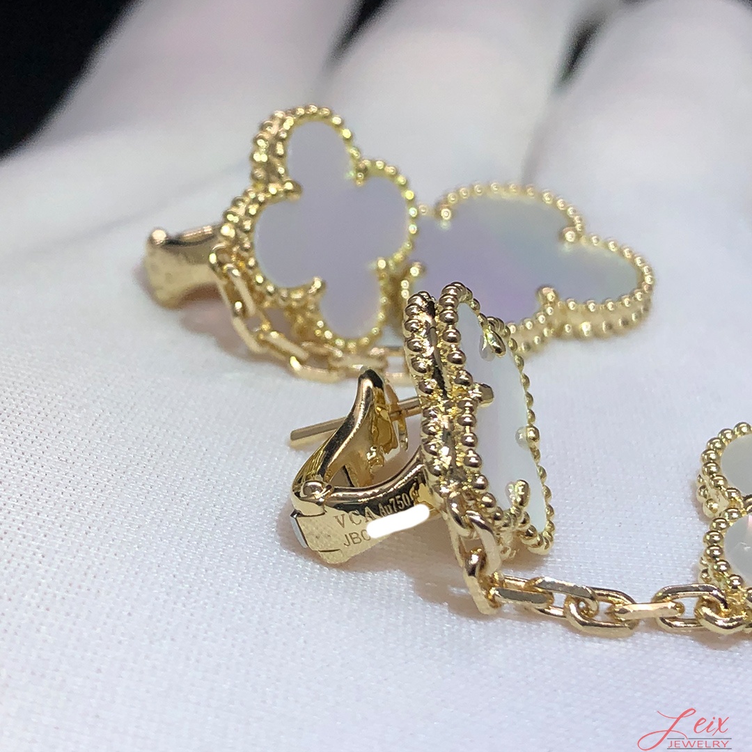 VCA Magic Alhambra 2 Motifs White Mother-of-peral 18k Yellow Gold Drop Earrings (2)