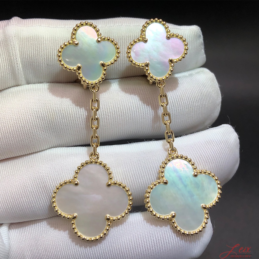 VCA Magic Alhambra 2 Motifs White Mother-of-peral 18k Yellow Gold Drop Earrings
