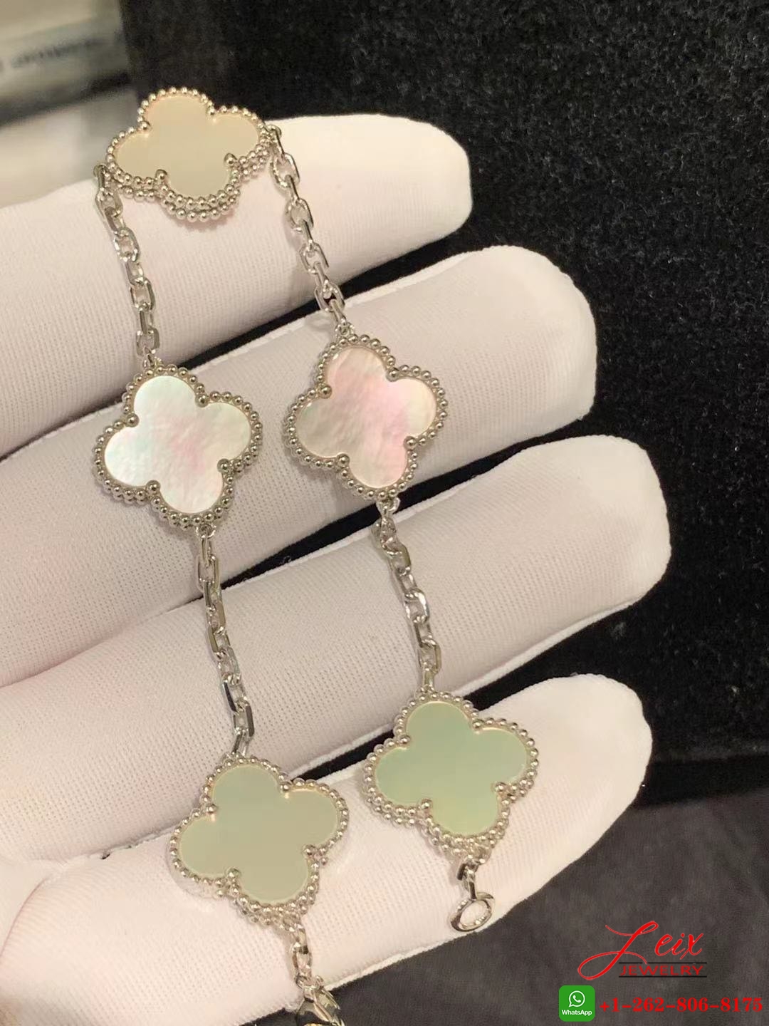 VCA Vintage Alhambra 18K White Gold 5 Motifs Mother Of Pearl Bracelet (1) VCA Vintage Alhambra 18K White Gold 5 Motifs Mother Of Pearl Bracelet