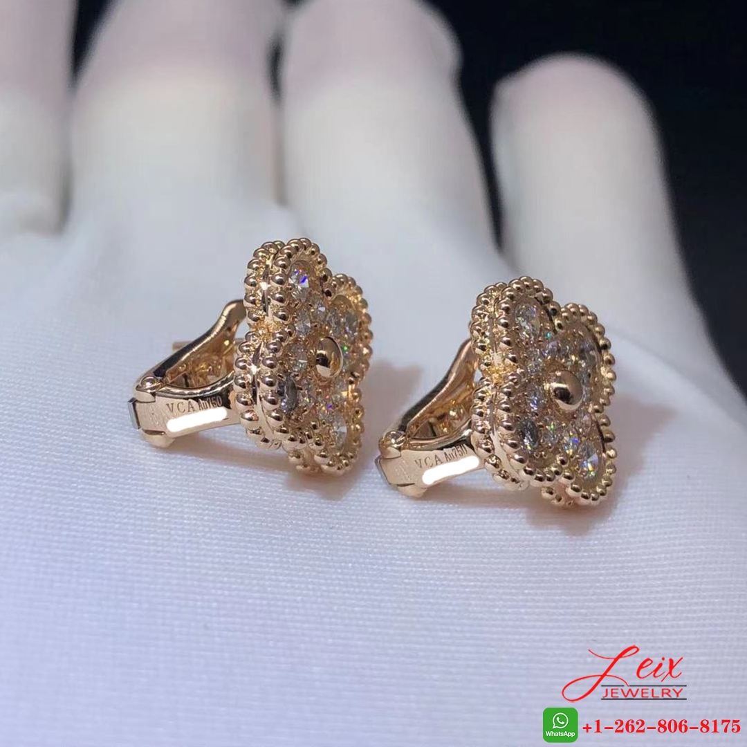 Van Cleef & Arpels 18K Rose Gold Diamond Paved Vintage Alhambra Earrings (1) Van Cleef & Arpels 18K Rose Gold Diamond Paved Vintage Alhambra Earrings