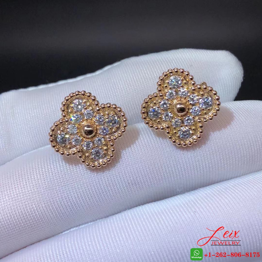 Van Cleef & Arpels 18K Rose Gold Diamond Paved Vintage Alhambra Earrings (2)