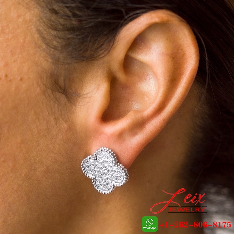 Van Cleef & Arpels 18k White Gold 2.14ct Diamonds 1 Motif Magic Alhambra Earrings (2) Van Cleef & Arpels 18k White Gold 2.14ct Diamonds 1 Motif Magic Alhambra Earrings