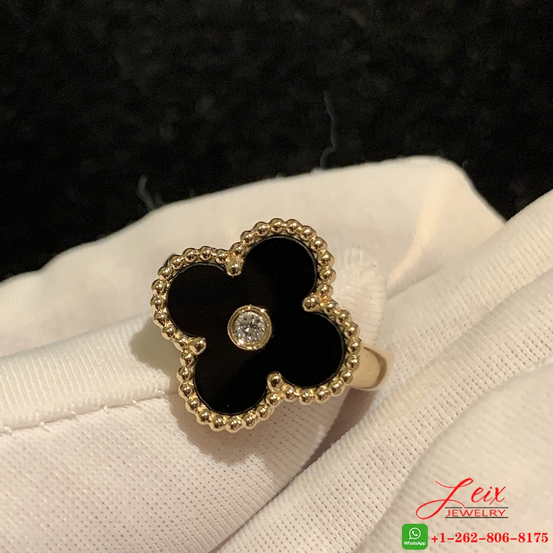 Van Cleef & Arpels 18k Yellow Gold Onyx Vintage Alhambra Diamond Ring (1) Van Cleef & Arpels 18k Yellow Gold Onyx Vintage Alhambra Diamond Ring