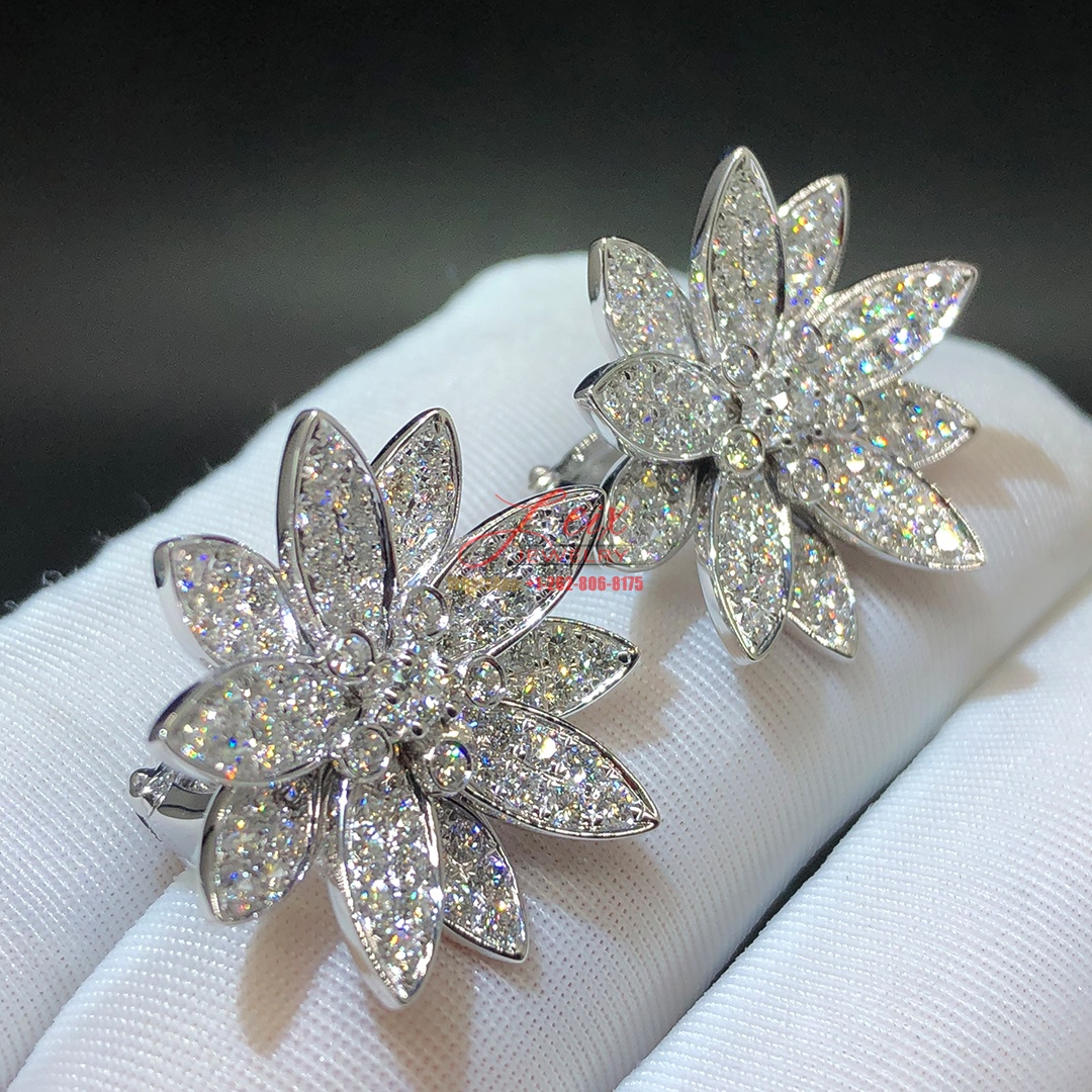 Van Cleef & Arpels Lotus Full Diamond Paved 18k White Gold Medium Earrings (2) Van Cleef & Arpels Lotus Full Diamond Paved 18k White Gold Medium Earrings