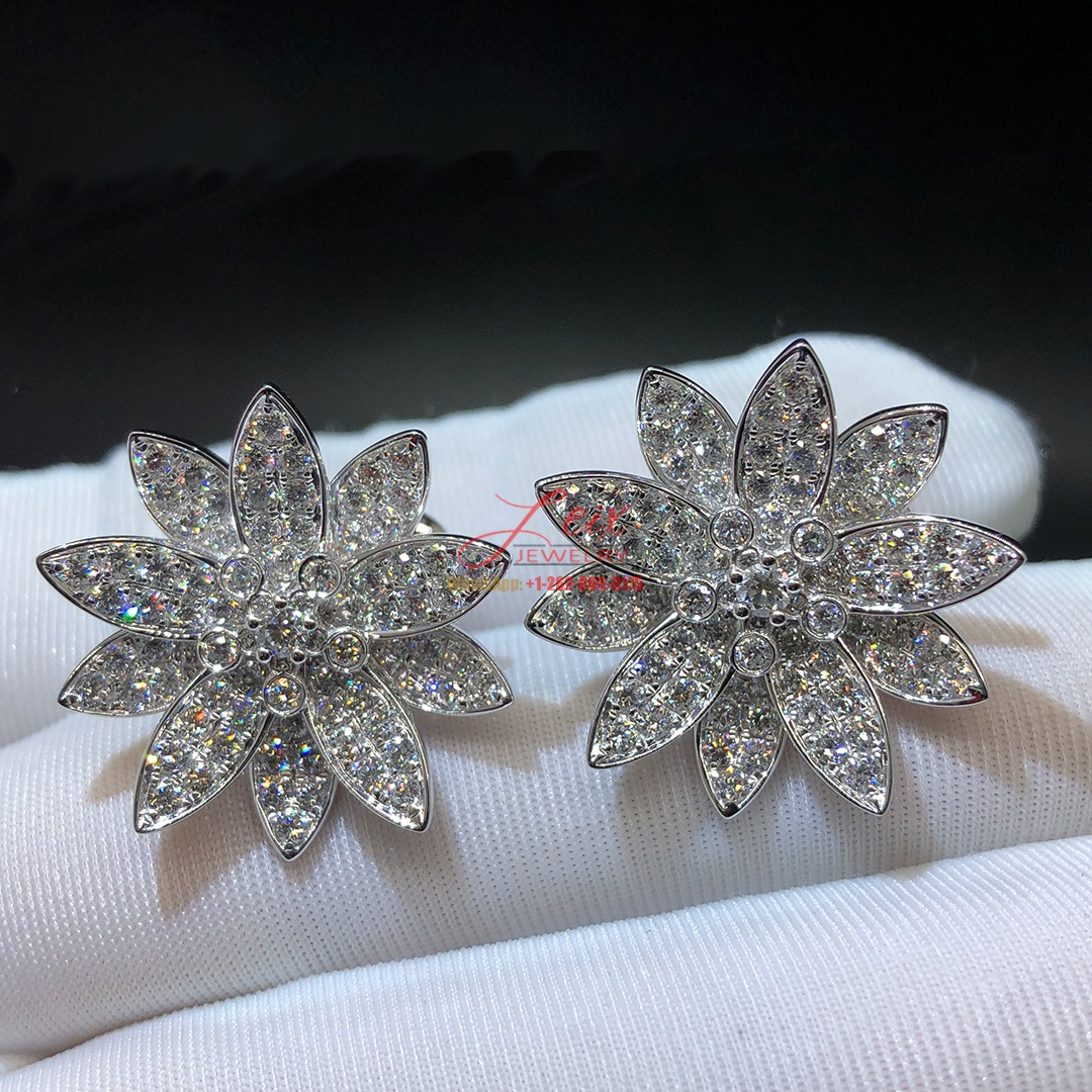 Van Cleef & Arpels Lotus Full Diamond Paved 18k White Gold Medium Earrings (3) Van Cleef & Arpels Lotus Full Diamond Paved 18k White Gold Medium Earrings