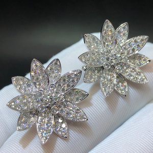 Van Cleef & Arpels Lotus Full Diamond Paved 18k White Gold Medium Earrings