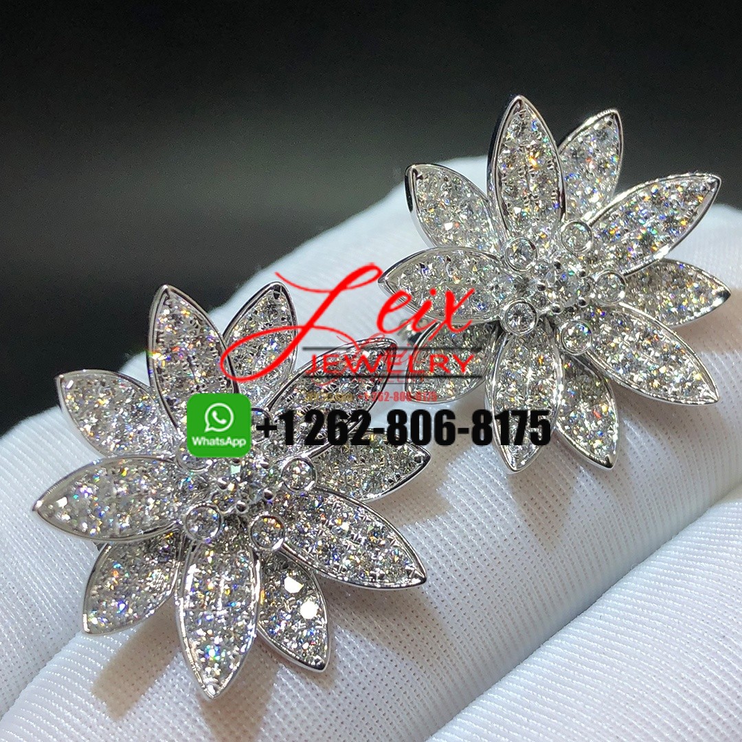 Van Cleef & Arpels Lotus Full Diamond Paved 18k White Gold Medium Earrings Van Cleef & Arpels Lotus Full Diamond Paved 18k White Gold Medium Earrings