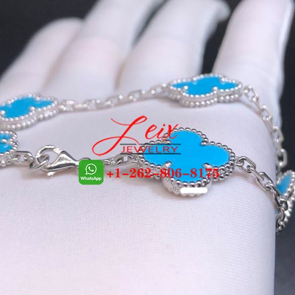 Van Cleef & Arpels Vintage Alhambra 18k White Gold Turquoise 5 Motif Bracelet (1) Van Cleef & Arpels Vintage Alhambra 18k White Gold Turquoise 5 Motif Bracelet
