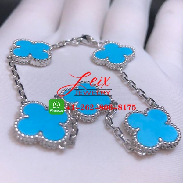 Van Cleef & Arpels Vintage Alhambra 18k White Gold Turquoise 5 Motif Bracelet (2) Van Cleef & Arpels Vintage Alhambra 18k White Gold Turquoise 5 Motif Bracelet