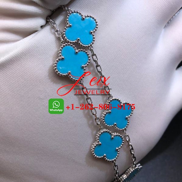 Van Cleef & Arpels Vintage Alhambra 18k White Gold Turquoise 5 Motif Bracelet (3) Van Cleef & Arpels Vintage Alhambra 18k White Gold Turquoise 5 Motif Bracelet