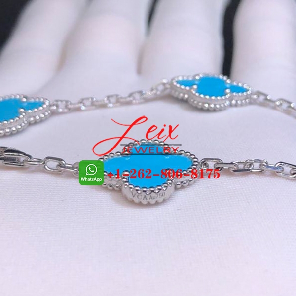 Van Cleef & Arpels Vintage Alhambra 18k White Gold Turquoise 5 Motif Bracelet (4) Van Cleef & Arpels Vintage Alhambra 18k White Gold Turquoise 5 Motif Bracelet