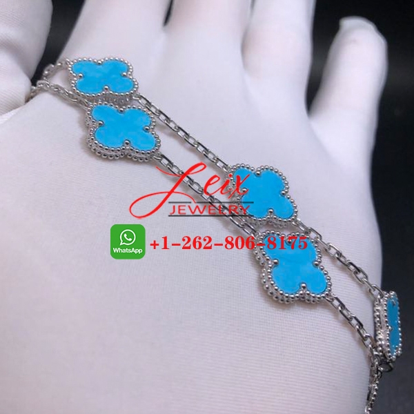 Van Cleef & Arpels Vintage Alhambra 18k White Gold Turquoise 5 Motif Bracelet (5) Van Cleef & Arpels Vintage Alhambra 18k White Gold Turquoise 5 Motif Bracelet