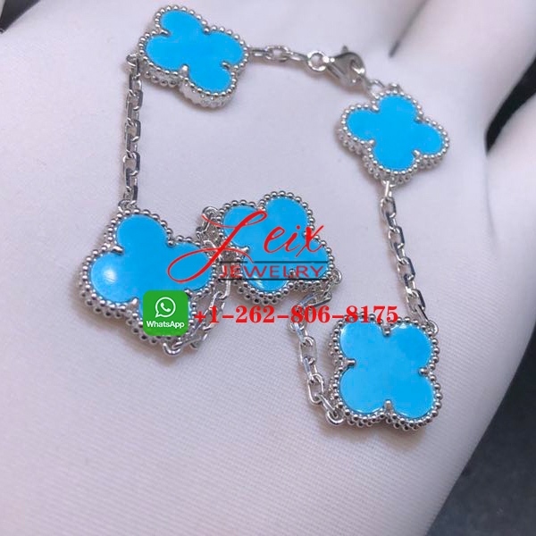 Van Cleef & Arpels Vintage Alhambra 18k White Gold Turquoise 5 Motif Bracelet Van Cleef & Arpels Vintage Alhambra 18k White Gold Turquoise 5 Motif Bracelet